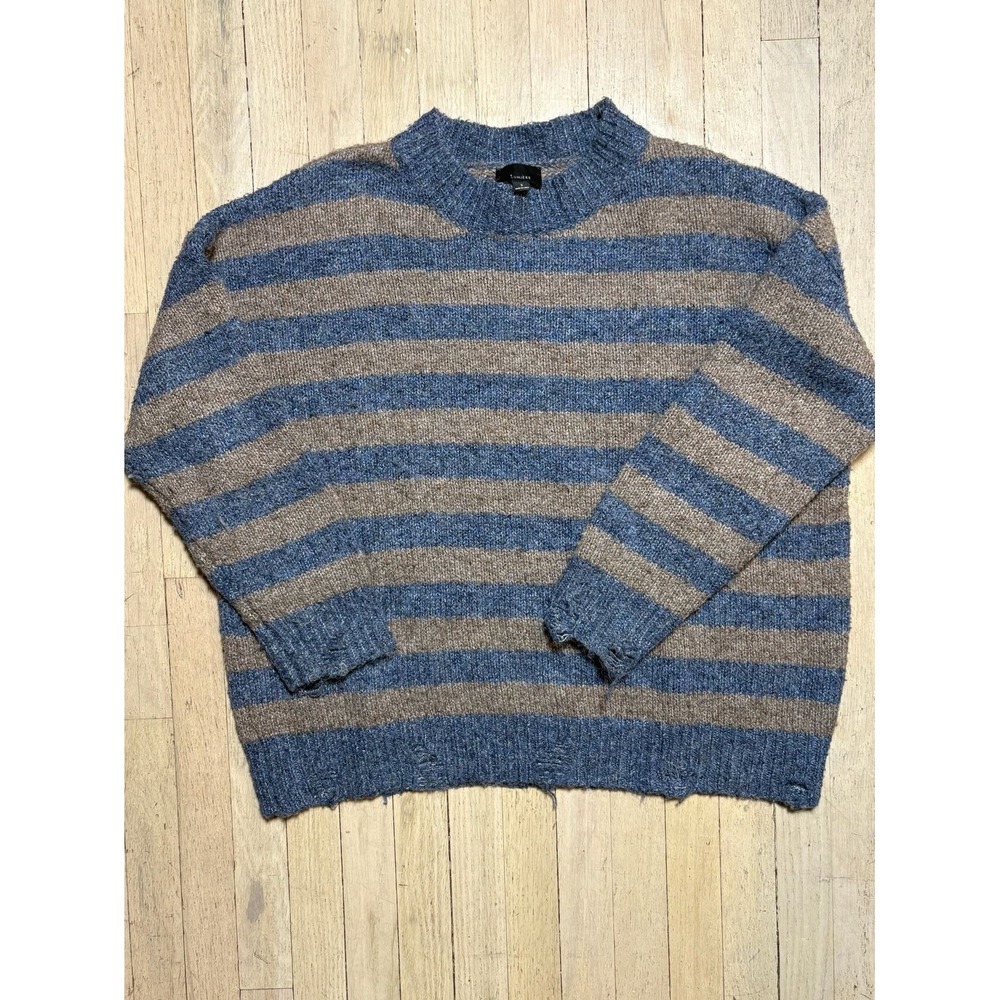 Lumiere Blue and Brown Striped Grunge Distressed Knit Sweater
